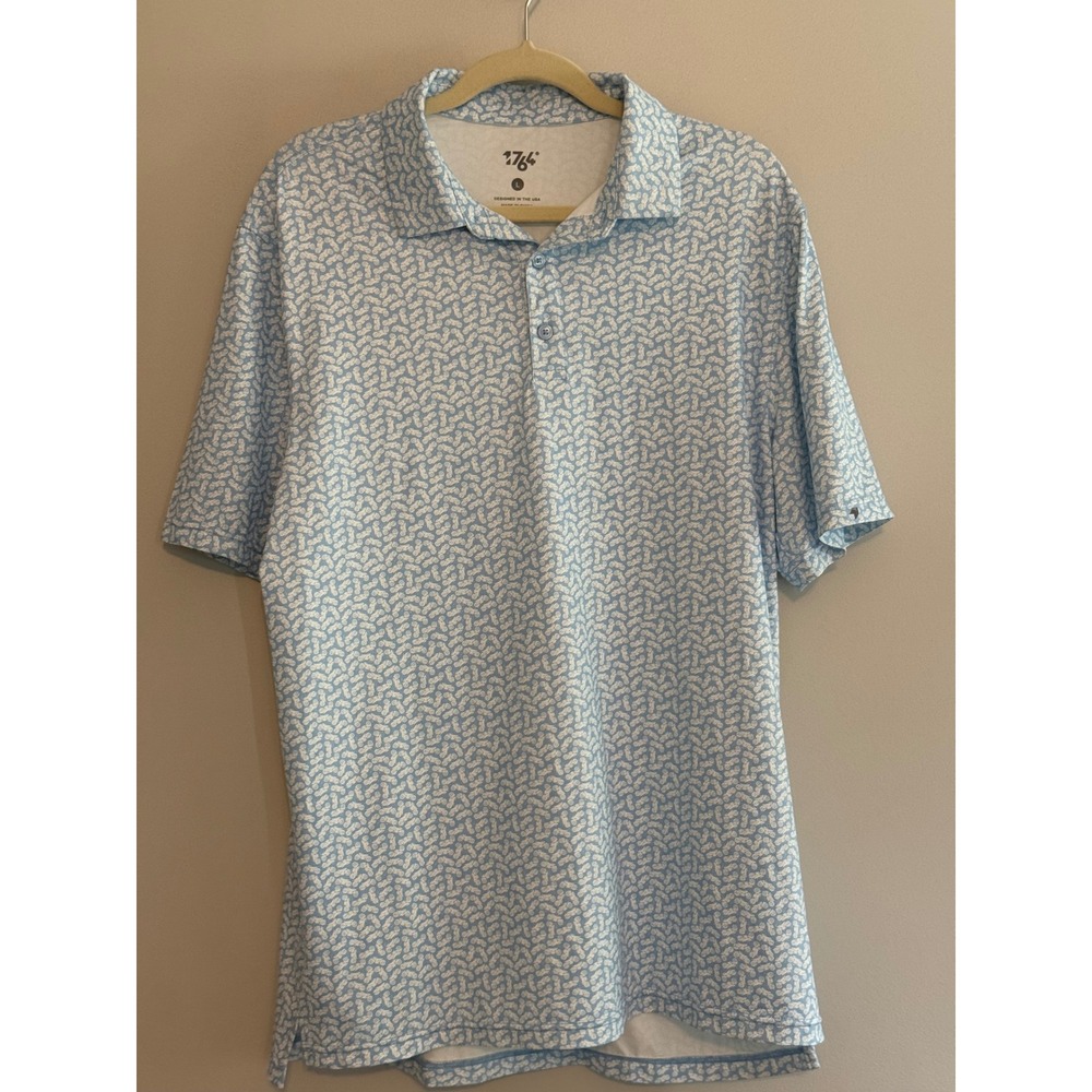 1764‎ Polo Shirt Mens Large Blue Motorcycle Print Short Sleeve Golf Casual